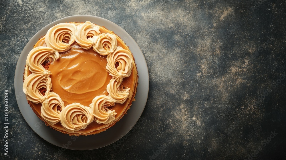 Poster top view of a caramel layer cake with decorative swirls, sitting on a round plate. room for text on 
