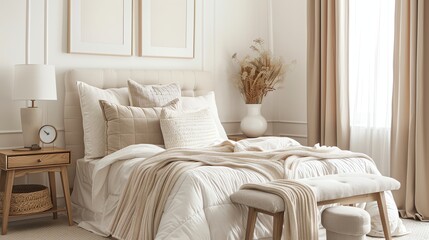 A minimalist bedroom with a bed, a bench at the foot of the bed, a side table, and a plant.