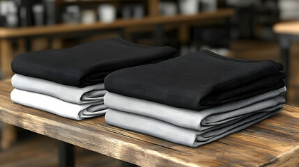 Neatly stacked shirts in black, gray, and white on a wooden table.