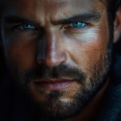 Obraz premium Close-up portrait of a male with striking blue eyes, showcasing intense expression and rugged features. Ideal for diverse themes.