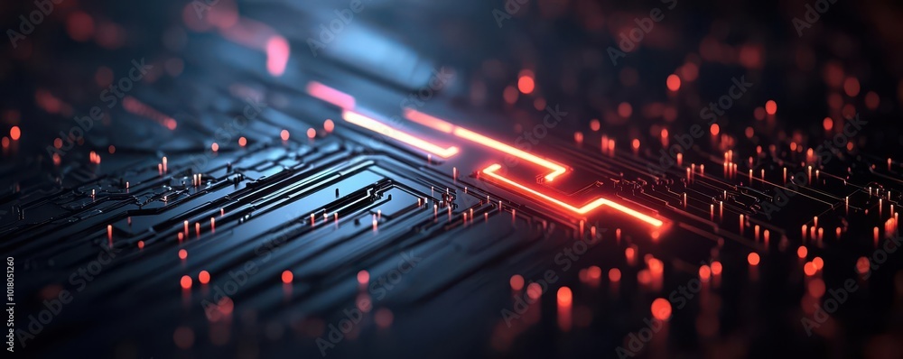 Poster close-up view of a modern circuit board with glowing lines and digital patterns showcasing advanced 