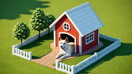 A happy dog relaxing outside its red doghouse.