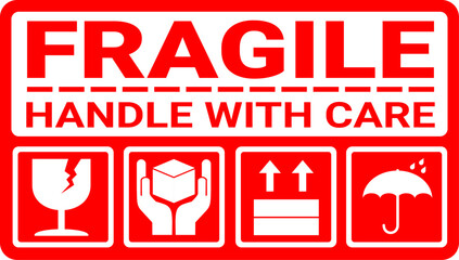 sticker fragile handle with care, red fragile warning label with broken glass symbol, this side up sign, keep dry and avoid liquid sign.