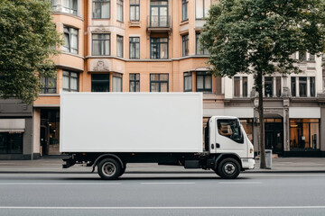 Empty blank white mockup of the truck on city street with buildings in the background