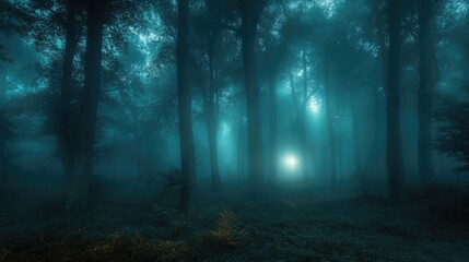 Fototapeta premium Mystical forest with ethereal fog at night