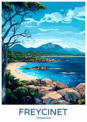 Freycinet Tasmania Poster Illustration Travel Print Decor Gift Paper Canvas Wall Retro Art