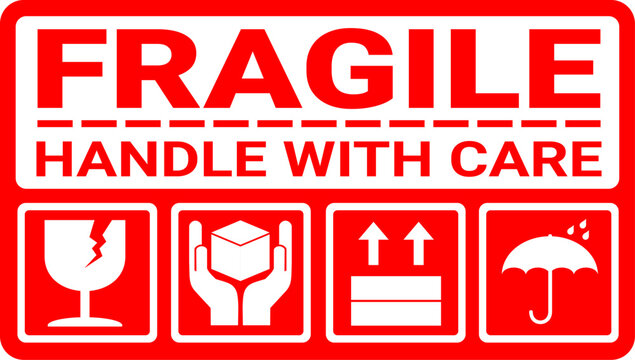 sticker fragile handle with care, red fragile warning label with broken glass symbol, this side up sign, keep dry and avoid liquid sign.