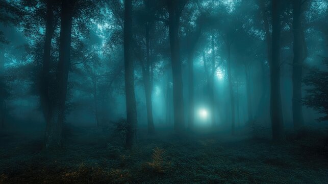 Fototapeta Mystical forest with ethereal fog at night