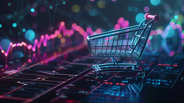 Shopping cart in the market. ecommerce cart on the stock market trading growth graph, arrow chart