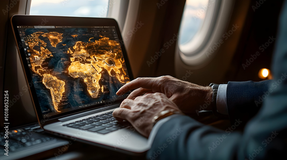 Poster person using a laptop showing a world map while on a plane.