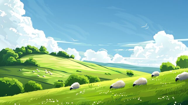 A cartoon illustration of a green, rolling landscape with sheep and a blue sky.