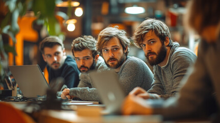 Obraz premium Four young men look intently at a laptop screen during a meeting.