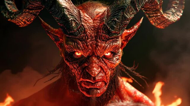 A demonic figure with red skin and horns stares intensely from the flames