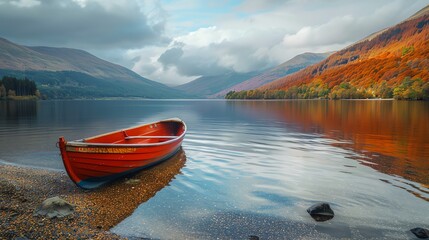 A red rowboat sits on the shore of a lake, with mountains and colorful autumn foliage in the background.