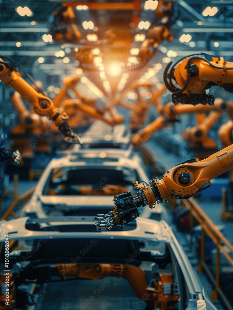 Leinwandbilder robotic arms efficiently assemble car components on a bustling assembly line during a productive lat