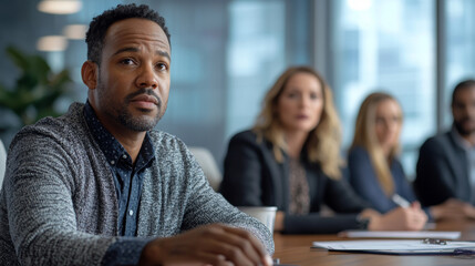 A man in a grey sweater thoughtfully listens to a presentation in a modern office setting.