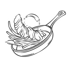Grilled sirloin steak slices and vegetables falling on frying pan line icon. Outline gourmet roasted meat and bean flying during cooking. Recipe mascot, hand drawn dish in pan vector illustration