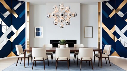 Stylish dining room design with bold wallpaper and modern lighting
