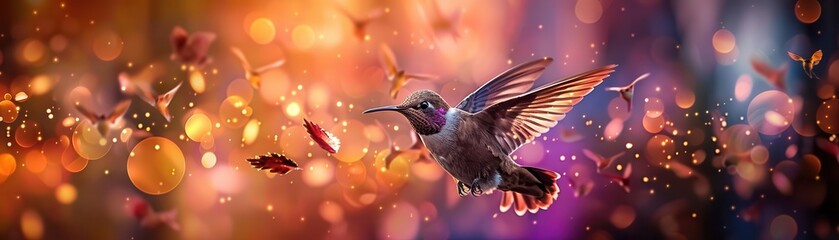 Obraz premium Birds flying in formation, vibrant colors, photography, dynamic, expansive