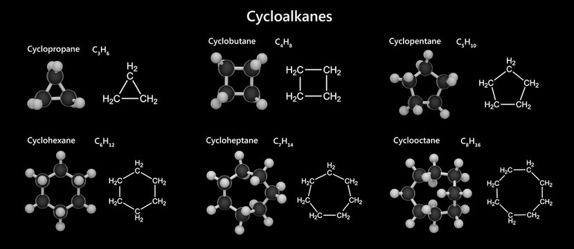 Cycloalkenes are saturated hydrocarbons featuring a ring structure with at least one carbon-carbon double bond. Set of molecules. Chemical model: Ball and Stick. Black background. 3d illustration.