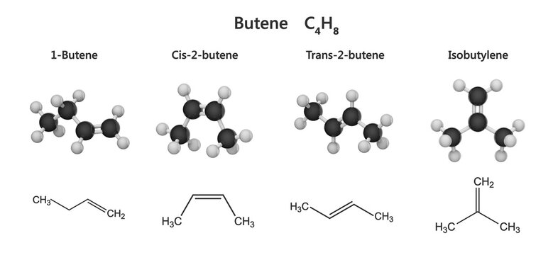 Isomers of butene. Several isomeric forms, including 1-butene, cis-2-butene, trans-2-butene. Butene is used in the production of polymers and chemical manufacturing. White back. 3d illustration