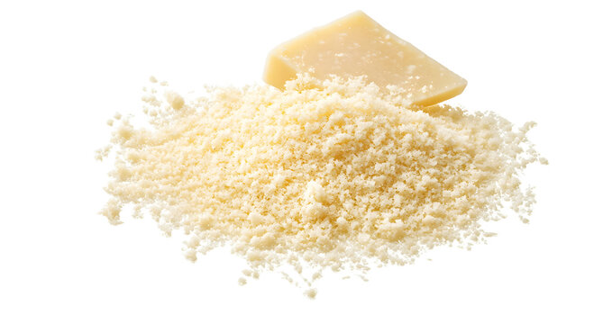 Parmesan cheese grated isolated on white, top view