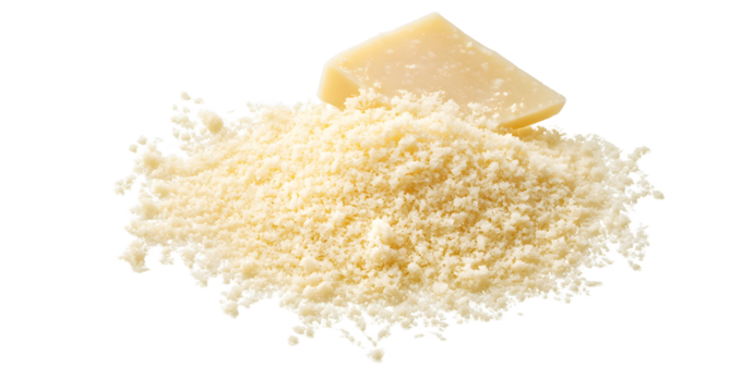 Parmesan cheese grated isolated on white, top view