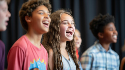 Obraz premium Joyful children singing together on stage during a vibrant rehearsal in a bustling theater setting on a sunny afternoon