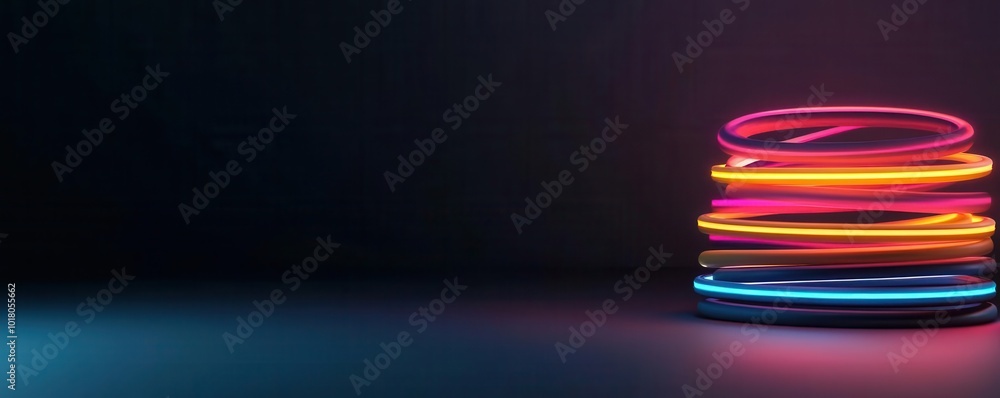 Poster colorful neon light rings stacked on a dark surface, creating a vibrant and dynamic visual effect fo