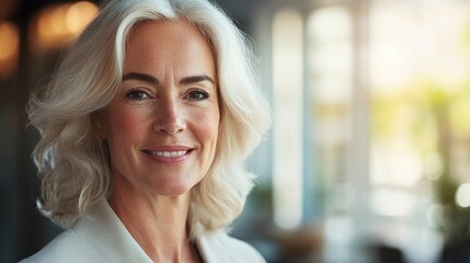 close-up portrait of a middle-aged businesswoman, warm light on her smiling face, professional and approachable, modern office setting, confident expression