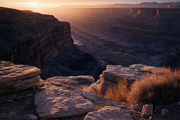 Scenic Sunset Over The Grand Canyon Highlighting The Unique Geology And Layers Of Red Rocks In A Serene Desert Landscape. Generative AI
