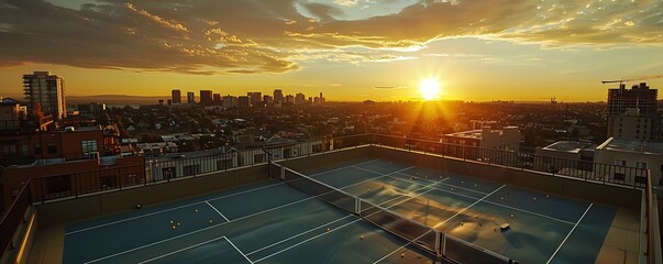 A pickleball court on a rooftop with a panoramic city view showcasing an urban environment for the sport during sunset