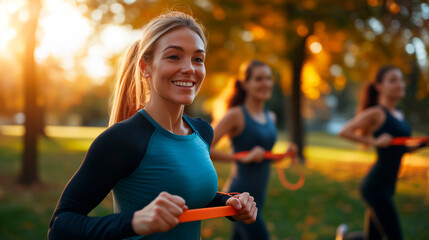 Group of women doing a joint functional workout in a park during autumn at sunrise, symbolizing fitness, health, and community bonding in nature