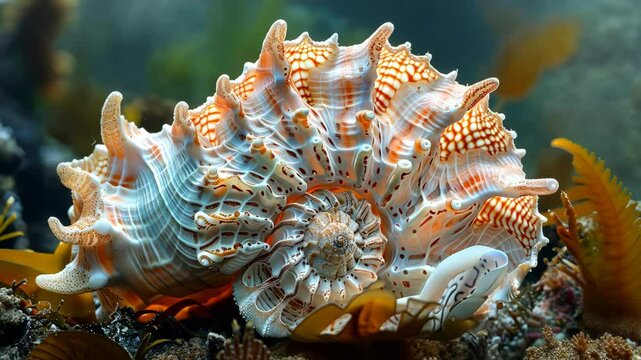 A large, intricate seashell rests on the ocean floor surrounded by seaweed