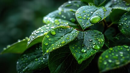 Close-up of dewdrops on leaves, vibrant greens, photography, detailed, serene