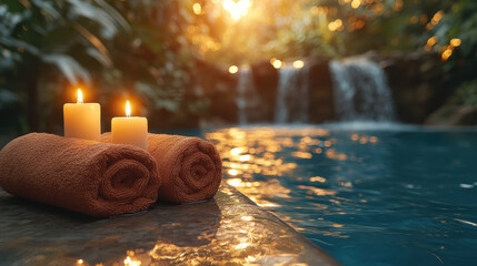 Beautiful spa background with candles, folded towels, and a waterfall in the garden at sunset. Sunlight effect.
