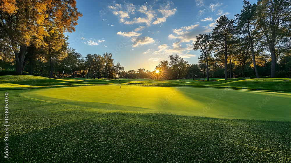 Wall mural Scenic golf course at sunset with lush green grass.