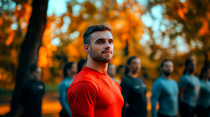 A male trainer conducts a functional outdoor workout in an autumn park with a group of people training among the bright autumn foliage
