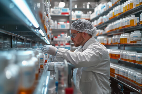 Male pharmacist in a white lab coat and hairnet carefully examines medication bottles on the shelves, ensuring patients receive the correct prescriptions in a pharmacy