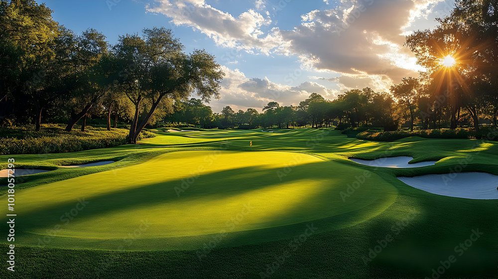 Poster Scenic golf course at sunset with lush greens and shadows.