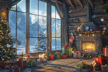 Cozy christmas scene with decorations, a warming fireplace and a christmas tree, Happy christmas, full of seasons greetings