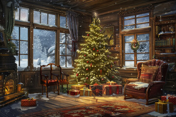 Fototapeta premium Cozy christmas scene with decorations, a warming fireplace and a christmas tree, Happy christmas, full of seasons greetings
