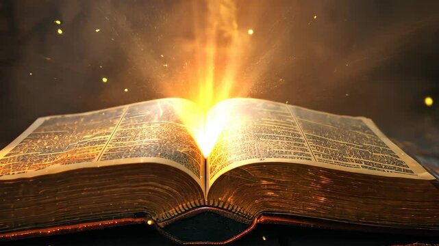 An open book glows with light emanating from its pages, creating a mystical and magical effect