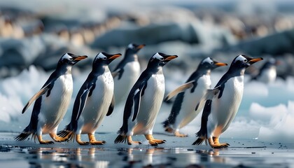 Obraz premium A group of penguins waddling along the icy shores