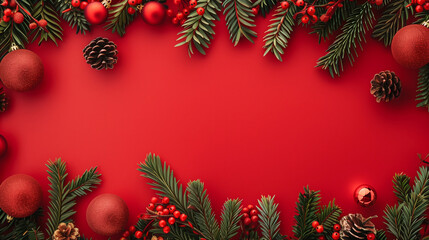 Christmas background with fir decorations and red baubles on red background