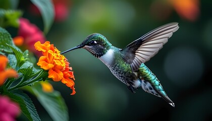 Fototapeta premium A hummingbird hovering mid-flight near a colorful flower