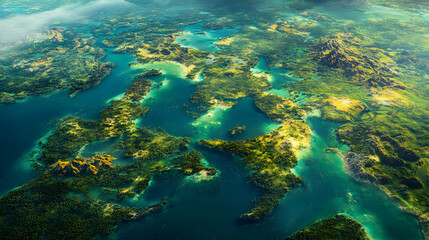 Fototapeta premium Beautiful aerial depiction of rivers and forests surrounded by cliffs and mountain ranges in a serene natural landscape. Generative AI