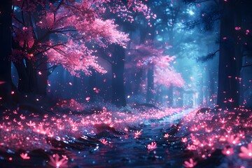Naklejka premium Enchanted Forest Path with Glowing Pink Cherry Blossoms and Soft Ambient Light