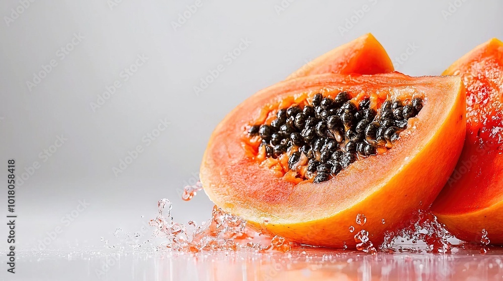 Poster a papaya halved with seeds and water splashing around on a reflective surface with a white backgroun