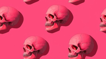 Bright pink skulls are arranged in a repeated pattern against a vibrant background, creating a striking and bold visual effect.